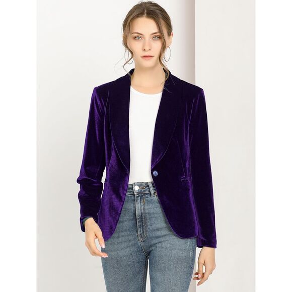 Women's Coat Solid Shawl Collar 1 Button Velvet Blazer Deep Purple - Picture 2 of 6